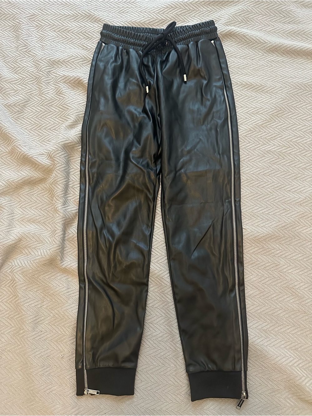 MICHAEL Michael Kors Black Faux Leather Jogger Pants with Side Zippers